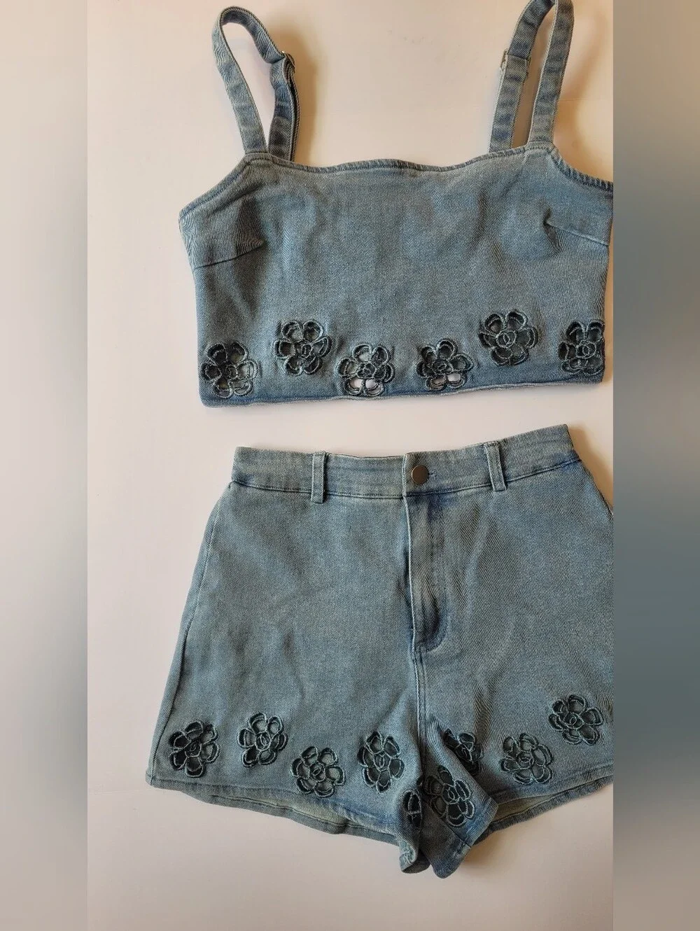 Blue Blush Floral Embroidered Denim Matching Set Crop Top & Shorts Small